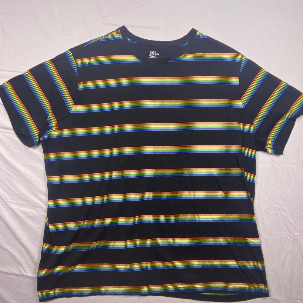 HB Fit by DXL T-Shirt Men 4XL Black Cotton Rainbow Striped Crew Neck Casual - Picture 2 of 9